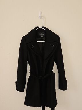London Fog Double Lapel Black Belted Wool-Blend Trench Coat